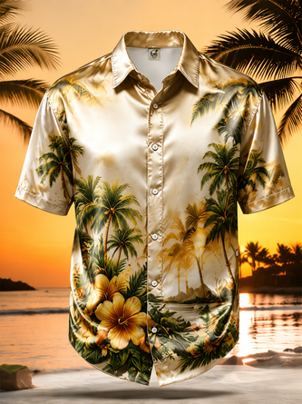 Breathable Silk Satin Tropical Plant Coconut Tree Print Hawaiian Shirt