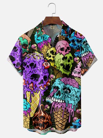Moisture Wicking Halloween Skull Ice Chest Pocket Hawaiian Shirt