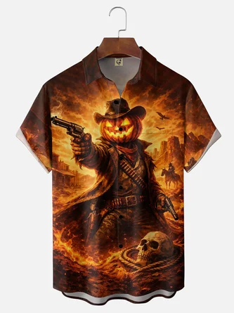 Moisture Wicking Halloween Pumpkin Western Cowboy Chest Pocket Hawaiian Shirt