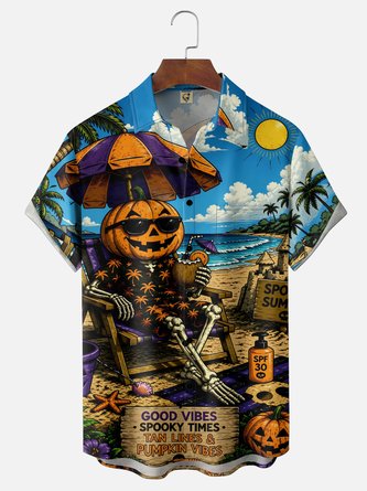 Moisture Wicking Halloween Pumpkin Skull Perfect Beach Vacations Chest Pocket Hawaiian Shirt
