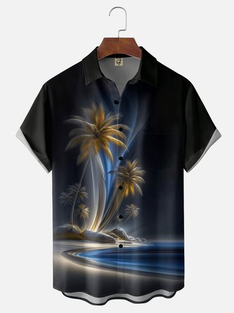 Moisture Wicking Gradient Palm Tree Print Chest Pocket Hawaiian Shirt
