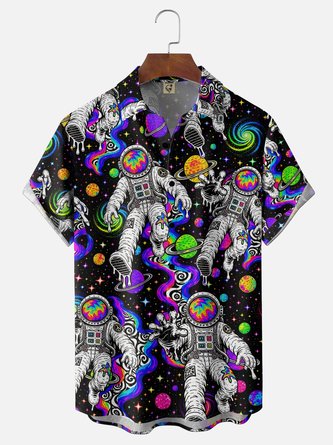 Moisture Wicking Neon Astronaut & Planet Chest Pocket Hawaiian Shirt