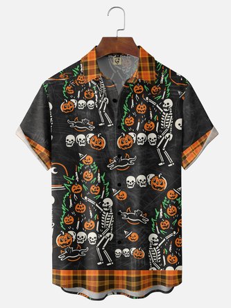 Moisture Wicking Halloween Pumpkin & Skull Chest Pocket Hawaiian Shirt