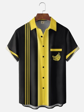 Moisture Wicking Banana Print Chest Pocket Bowling Shirt