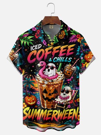 Moisture Wicking Gradient Halloween Ghost Pumpkin Coffee & Tropical Plant Print Chest Pocket Hawaiian Shirt