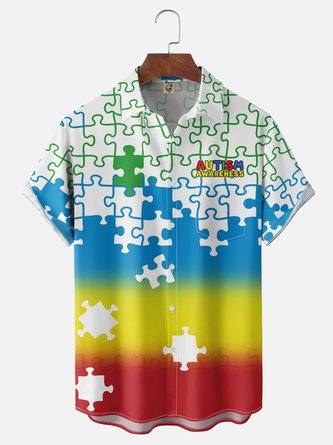 Moisture Wicking Autism Awareness Chest Pocket Hawaiian Shirt