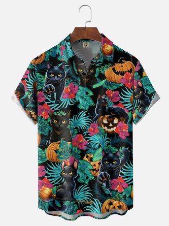 Moisture Wicking Gradient Halloween Cat & Pumpkin Tropical Print Chest Pocket Hawaiian Shirt
