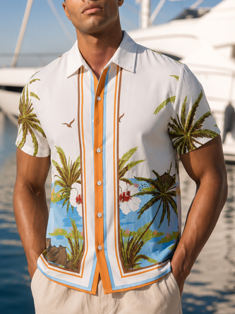 Moisture Wicking Tropical Leaf & Coconut Tree Print Hawaiian Shirt