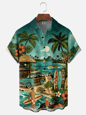 Moisture Wicking Featuring Tropical Plants Flowers Beach Hula Chest Pocket Hawaiian Shirt