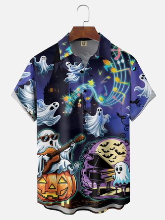 Moisture Wicking Halloween Pumpkin Ghost Guitar Music Party Chest Pocket Hawaiian Shirt