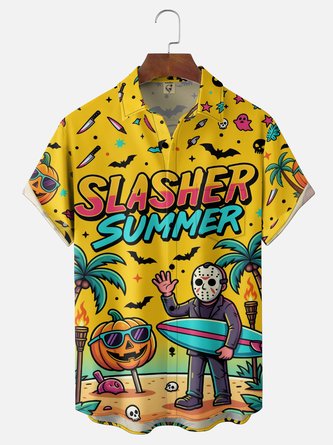 Moisture Wicking Halloween Pumpkin Masked Figure Surfboard Coconut Tree Print Chest Pocket Hawaiian Shirt