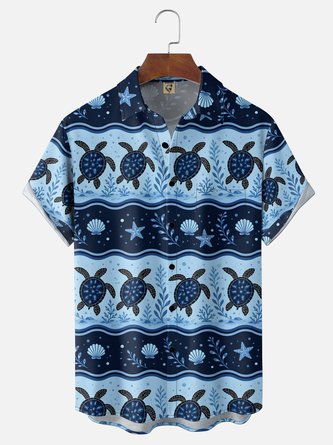 Moisture Wicking Gradient Sea Animal Turtle Shell Print Chest Pocket Hawaiian Shirt