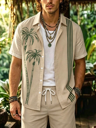 Linen Texture Striped Coconut Tree Hawaiian Shirt