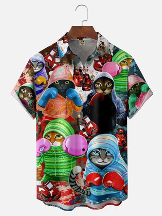 Moisture Wicking Fun Boxing Cat Print Chest Pocket Hawaiian Shirt
