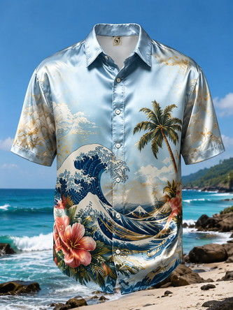 Breathable Silk Satin Tropical Ocean Waves & Coconut Trees Hawaiian Shirt