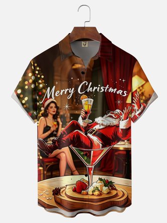 Moisture Wicking Santa Claus Cocktail Beautiful Woman Chest Pocket Hawaiian Shirt