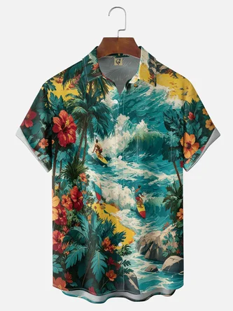 Moisture Wicking Ocean Waves Surfing Palm Trees Chest Pocket Hawaiian Shirt