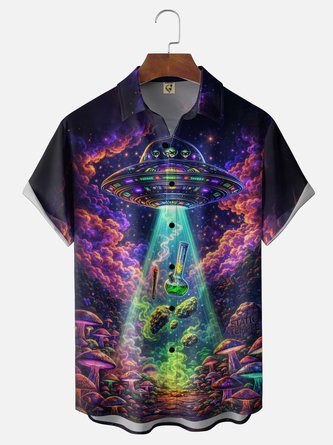 Moisture wicking Hippies Aliens Spaceships Halloween Magic Potions Chest Pocket Holiday Shirt