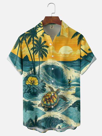 Moisture Wicking Sea turtle Surfing Palm Trees Chest Pocket Hawaiian Shirt