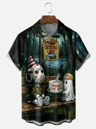 Moisture Wicking Crystal Lake Camp Halloween Ghost Dog Chest Pocket Hawaiian Shirt
