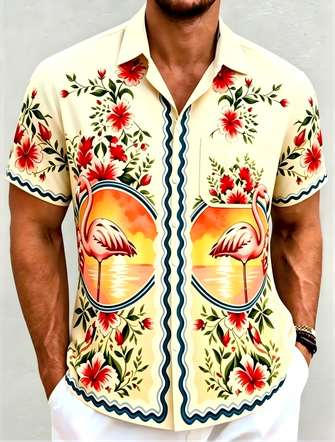 Moisture Wicking Tropical Style Flamingo Flower Chest Pocket Hawaiian Shirt