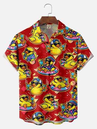 Big Moisture Wicking Neon Colored Little Duck & Cocktail Swim Ring Print Chest Pocket Hawaiian Shirt