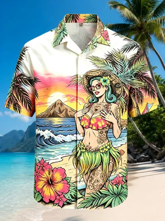 Moisture Wicking Vintage Retro Aloha Hula Chest Pocket Hawaiian Shirt