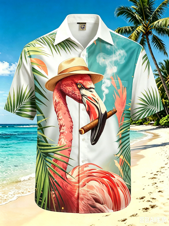 Moisture Wicking Flamingo Chest Pocket Holiday Hawaiian Shirt