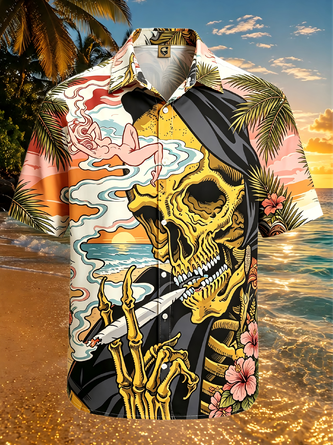 Moisture Wicking Skull Vintage Beauty Chest Pocket Hawaiian Shirt