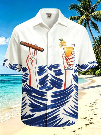 Moisture Wicking American Vintage Hand Drawn Hand Cigar Cocktail Print Chest Pocket Hawaiian Shirt
