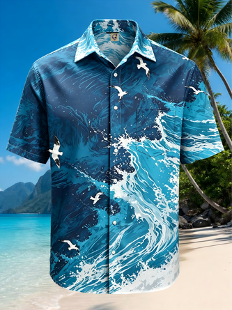 Moisture Wicking Ocean Waves Chest Pocket Hawaiian Shirt