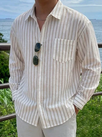 Linen Texture Striped Chest Pocket Long Sleeve Casual Shirt