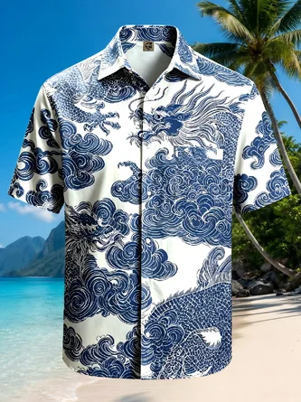 Moisture Wicking Dinosaur Cloud Chest Pocket Hawaiian Shirt