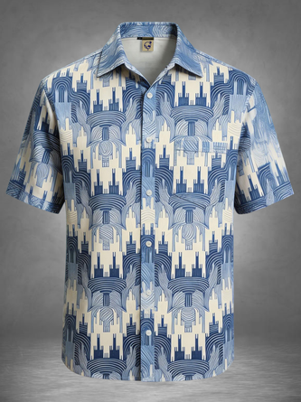 Moisture Wicking Retro Geometric Lines Chest Pocket Hawaiian Shirt