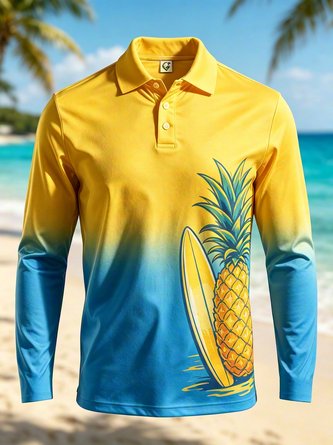 Moisture Wicking Tropical Fruit & Pineapple Gradient Surfboard Print Long Sleeve Hawaiian Golf Polo