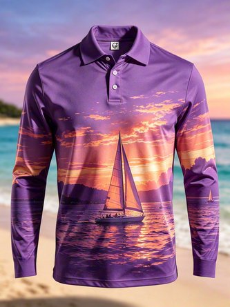 Moisture Wicking Gradient Sailboat Seascape Long Sleeve Hawaiian Golf Polo