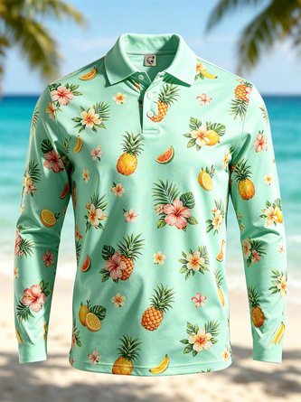 Moisture Wicking Gradient Tropical Fruit Pineapple & Hibiscus Long Sleeve Hawaiian Golf Polo