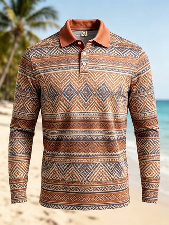 Moisture Wicking Ombré Effect Ethnic Geometric Patterns Long Sleeve Hawaiian Golf Polo