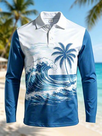 Moisture Wicking Gradient Tropical Plant Coconut Tree & Ocean Wave Long Sleeve Hawaiian Golf Polo