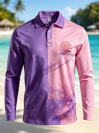 Moisture Wicking Gradient Marine Animal Fish & Long Sleeve Hawaiian Golf Polo