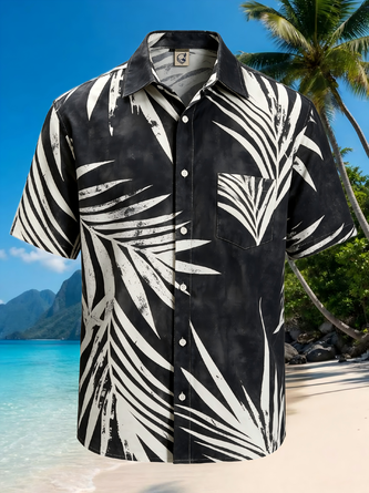 Moisture Wicking Minimalist White Palm Leaf Chest Pocket Hawaiian Shirt