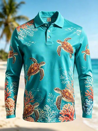Moisture Wicking Gradient Sea Turtle & Print Long Sleeve Hawaiian Golf Polo