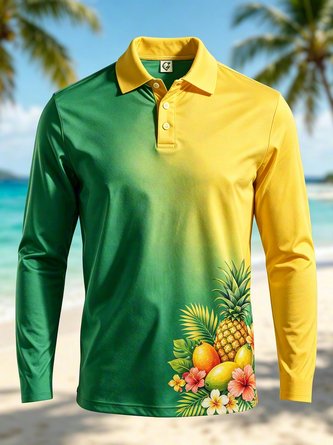 Moisture Wicking Gradient Tropical Fruit & Floral Print Long Sleeve Hawaiian Golf Polo