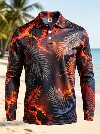 Moisture Wicking Gradient Tropical Plant & Flame Print Long Sleeve Hawaiian Golf Polo