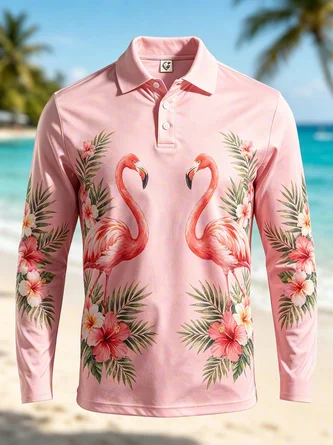 Moisture Wicking Gradient Tropical Print Hibiscus Foliage & Flamingo Long Sleeve Hawaiian Golf Polo