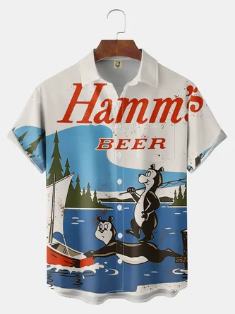 Big Moisture wicking Cartoon Beer Chest Pocket Casual Shirt