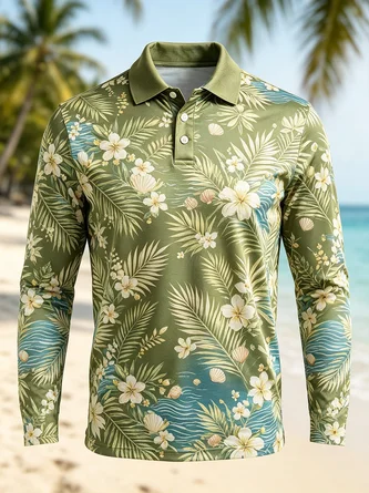 Moisture Wicking Tropical Hibiscus & Leaf Print Gradient Long Sleeve Hawaiian Golf Polo