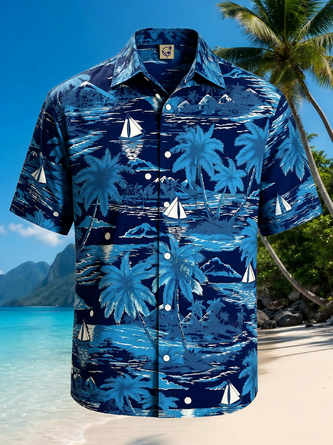Moisture Wicking Coconut Tree Sailboat Island Chest Pocket Hawaiian Shirt