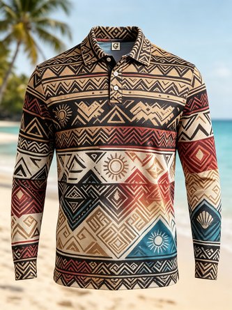 Moisture Wicking Ombré Effect Ethnic Geometric Patterns Long Sleeve Hawaiian Golf Polo