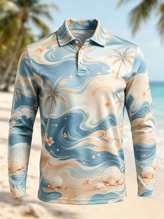 Moisture Wicking Gradient Beach Shell Palm Tree Print Long Sleeve Hawaiian Golf Polo
